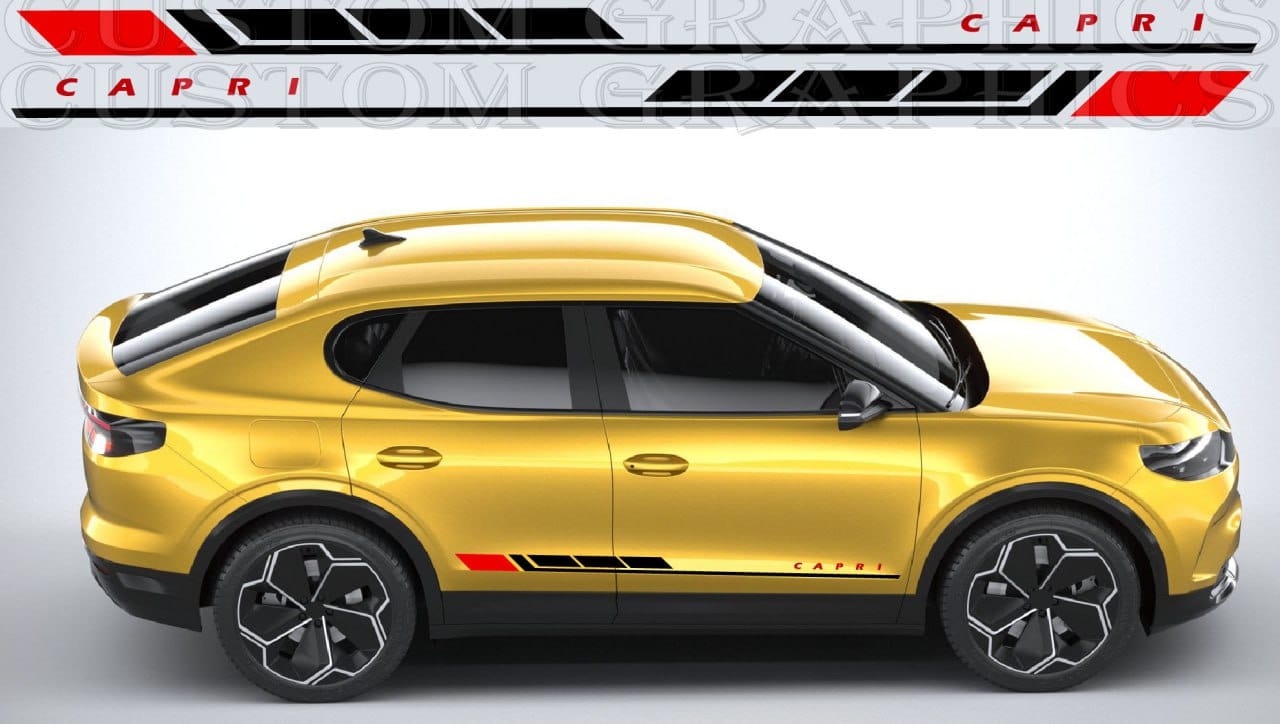 Yellow car with 'Capri' New Style Design Stickers for Ford Capri – Peel & Stick Vinyl Kit