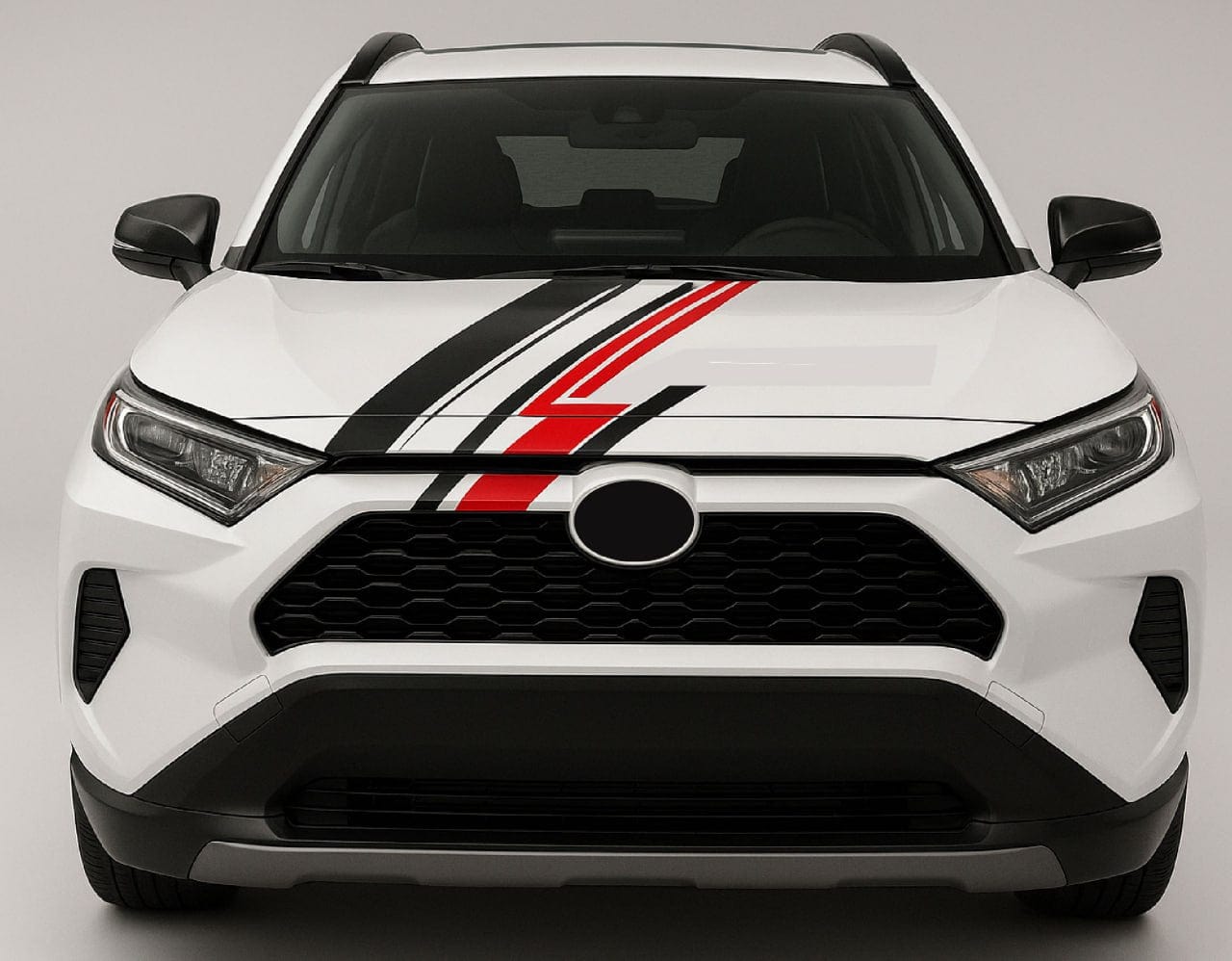 White SUV with black and red stripe on a gray background