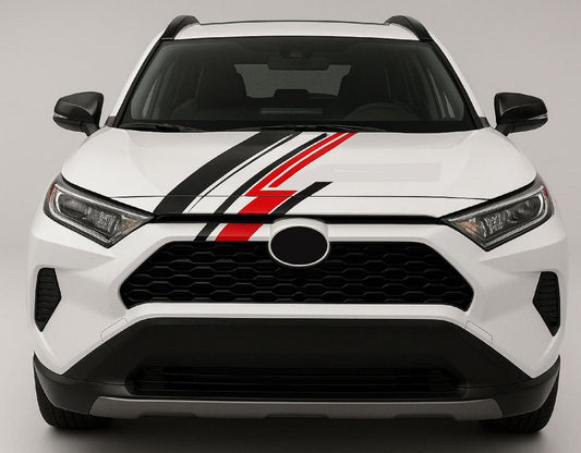 White SUV with black and red stripe on a gray background