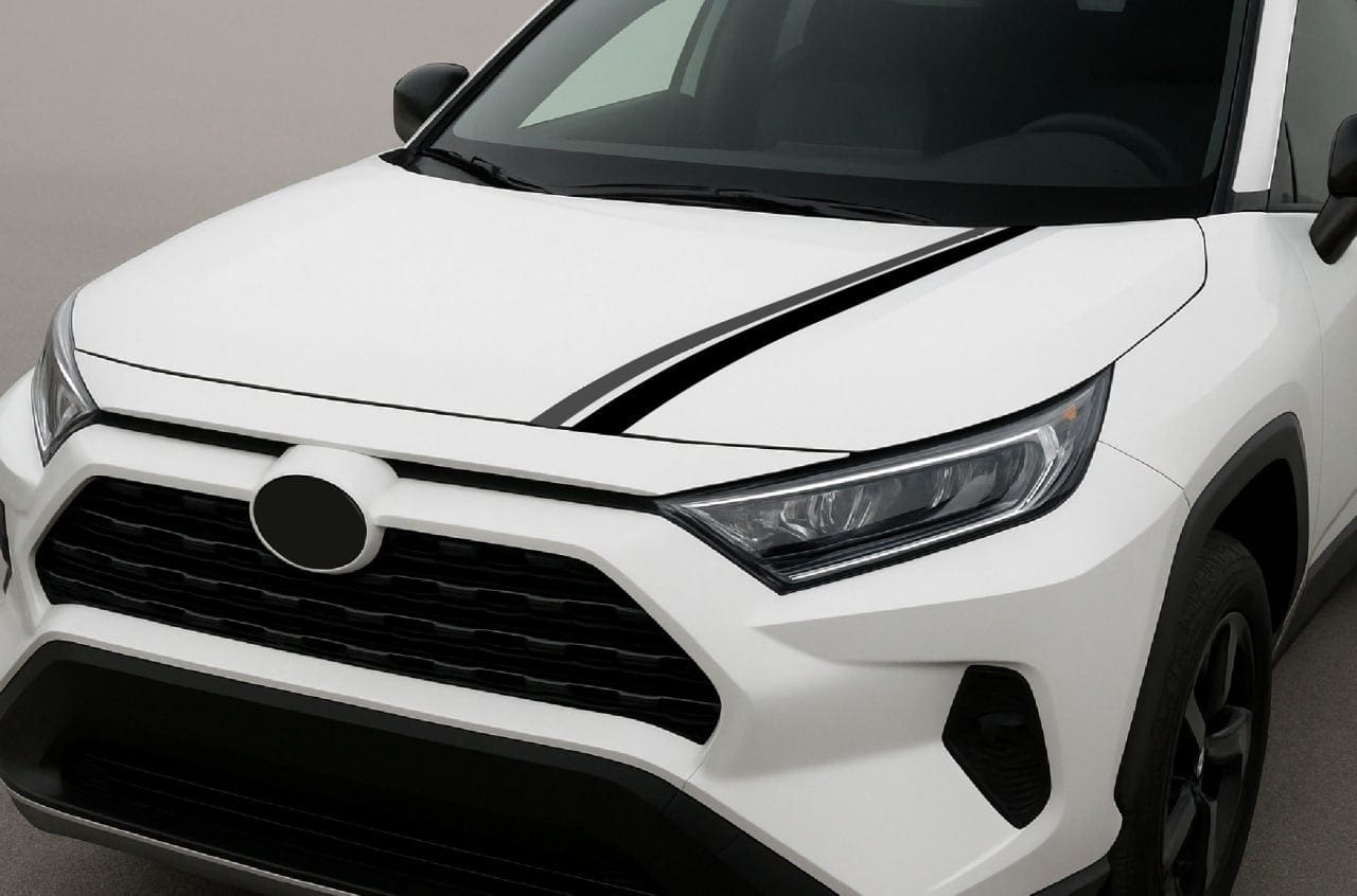 White SUV with black racing stripes on a neutral background