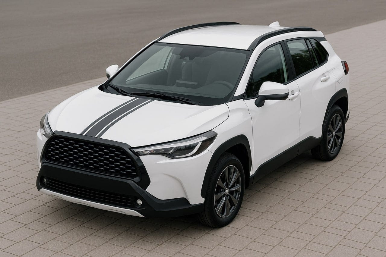 White SUV with black accents on a tiled floor