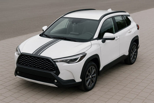 White SUV with black accents on a tiled floor
