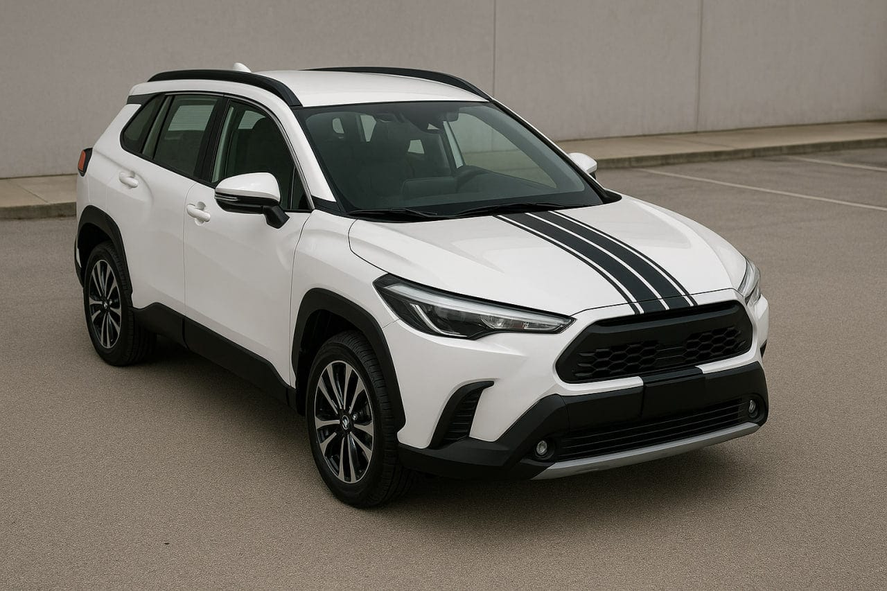 White SUV with black stripes on a gray background