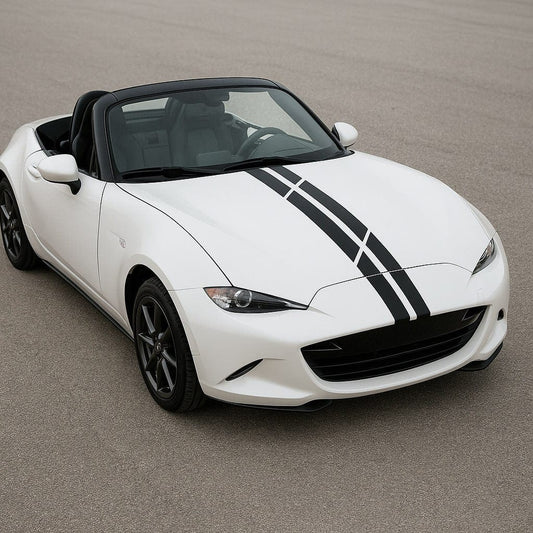 White convertible car with black stripes on a gray background