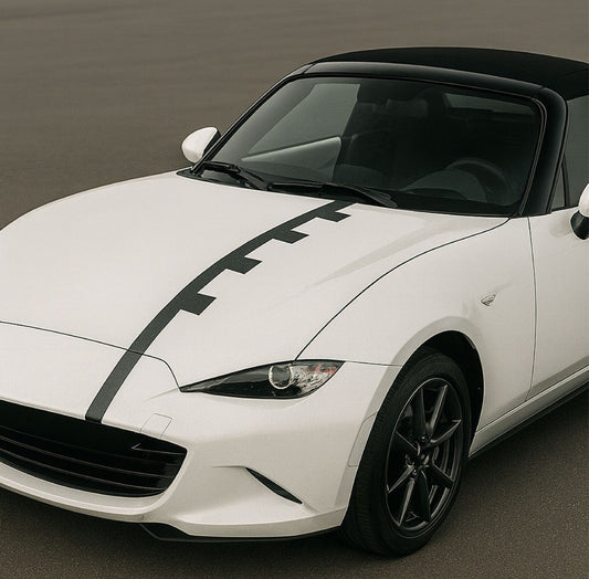 White convertible car with black roof and decorative stripe on a neutral background