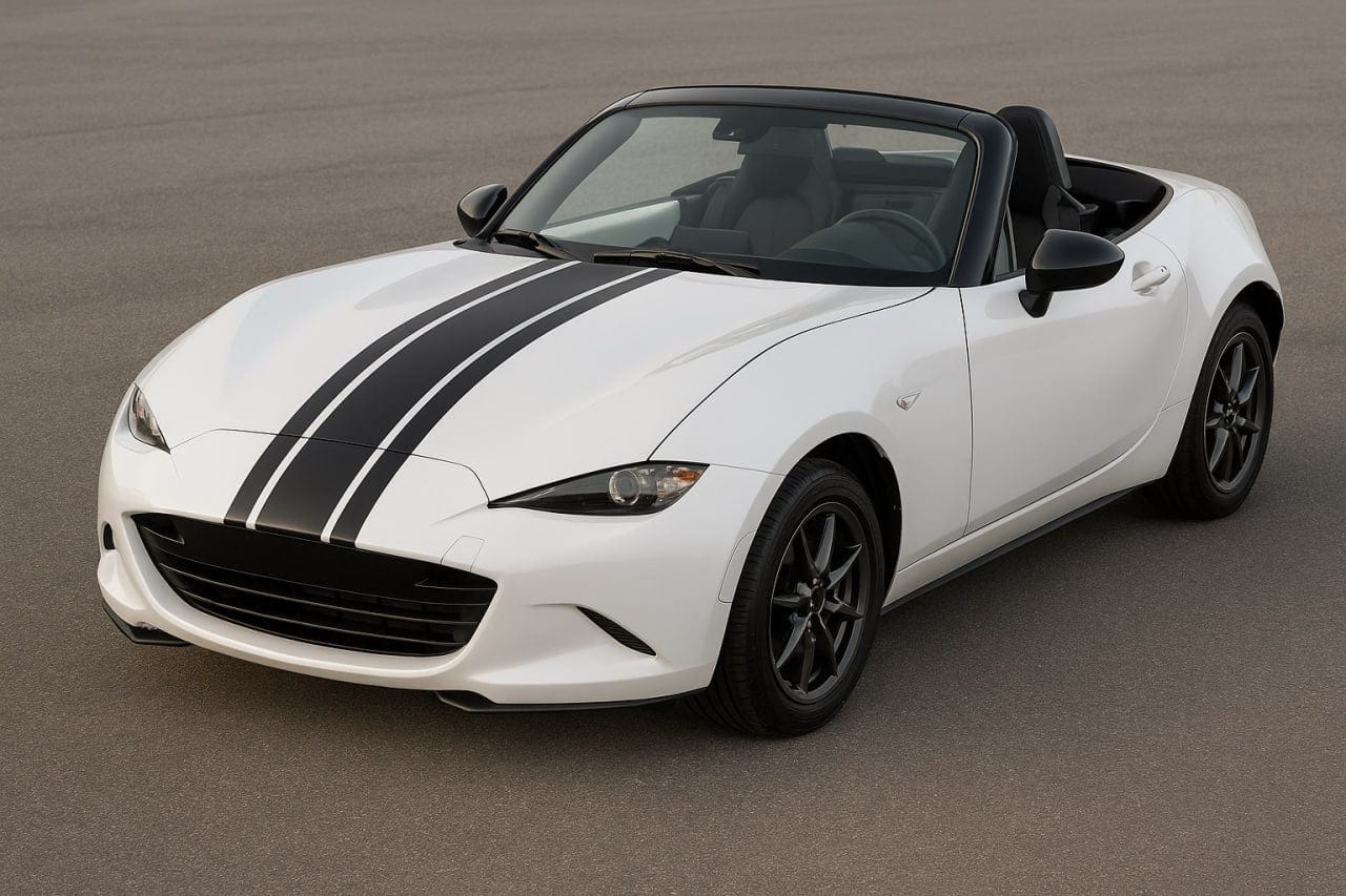 White convertible car with black stripes on a gray background