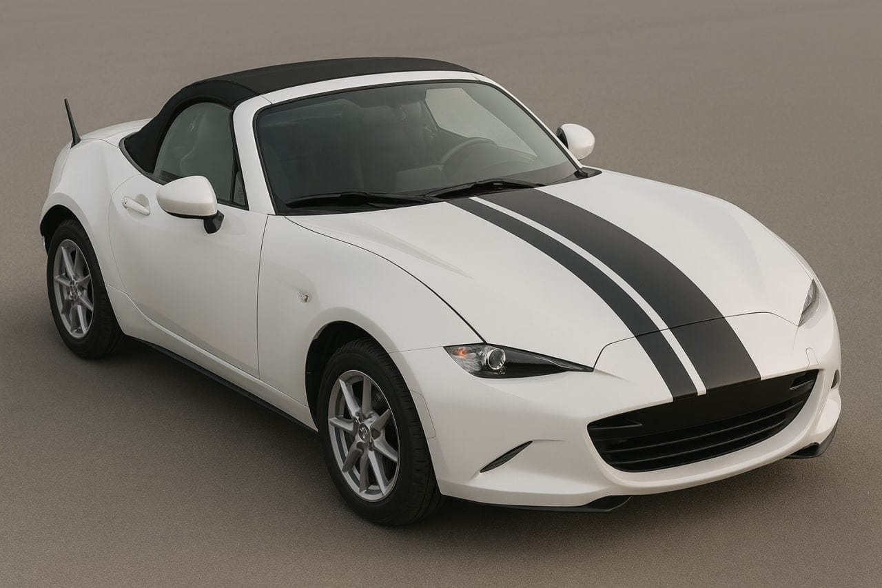 White convertible car with black stripes on a gray background