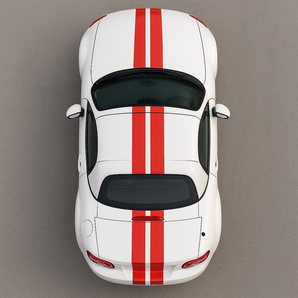 Top view of a white car with red stripes on a gray background