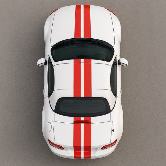 Top view of a white car with red stripes on a gray background