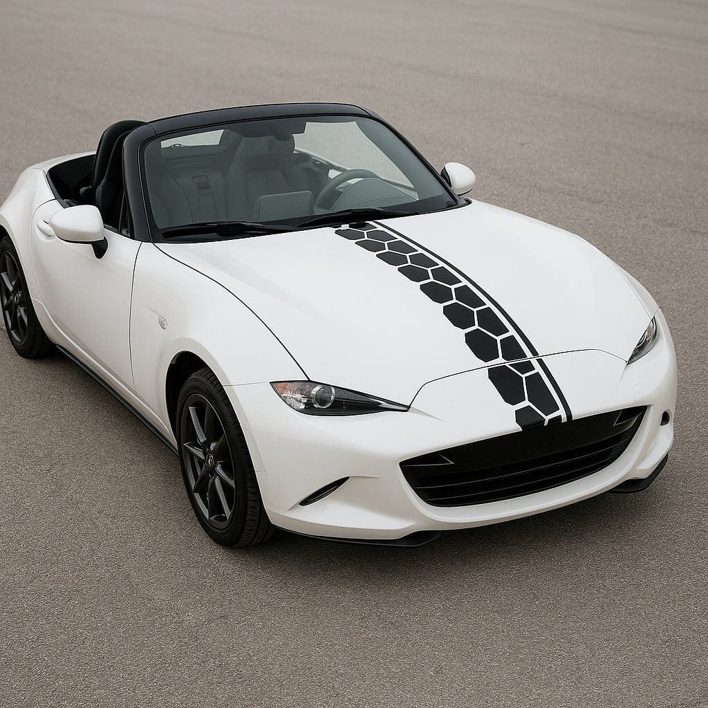 White convertible car with black honeycomb stripe on a gray road