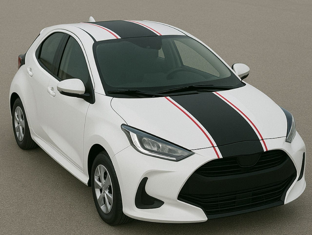 White car with black and red stripes on a gray background
