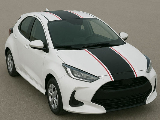White car with black and red stripes on a gray background