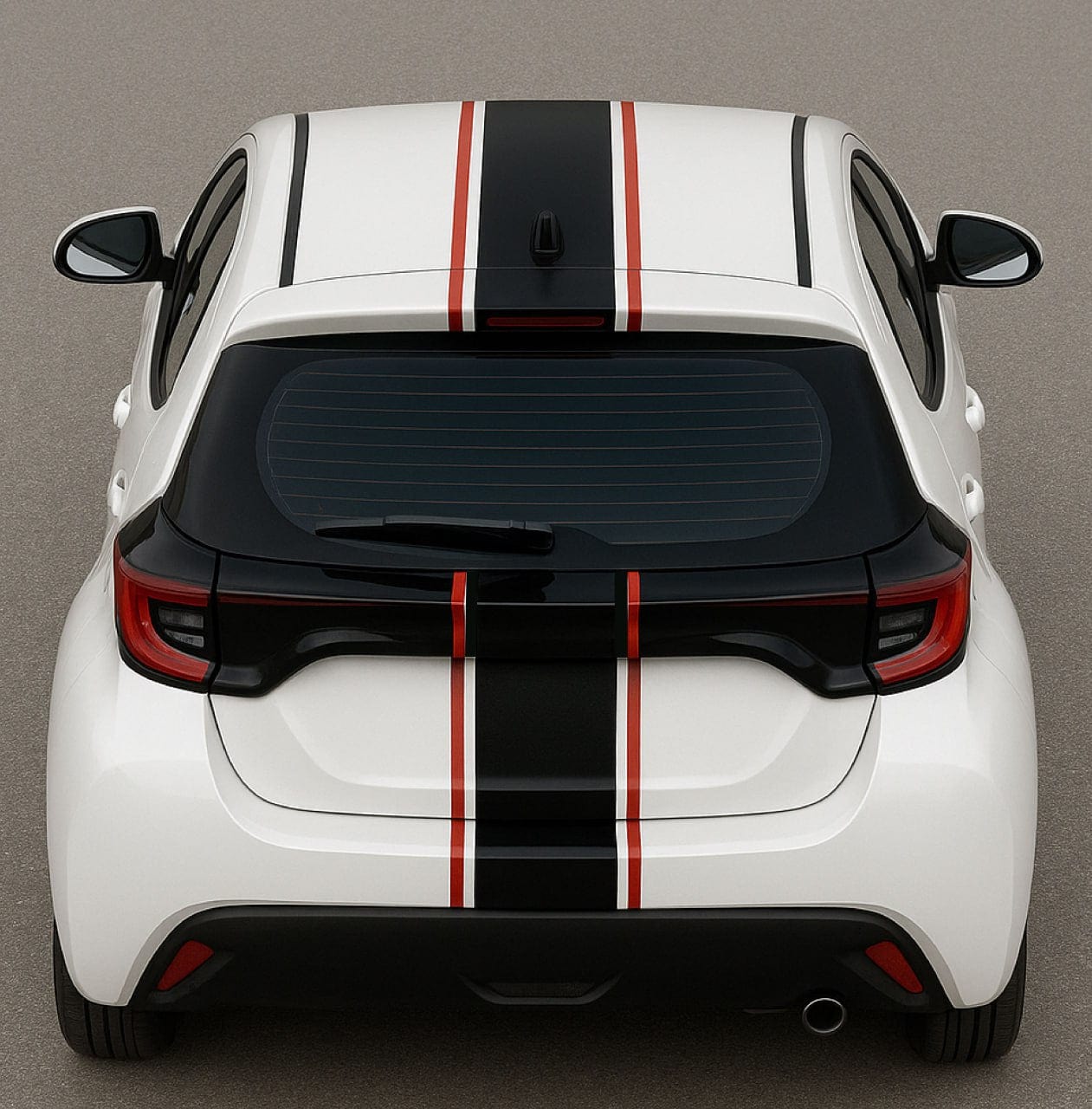 White car with black and red stripes on a gray background