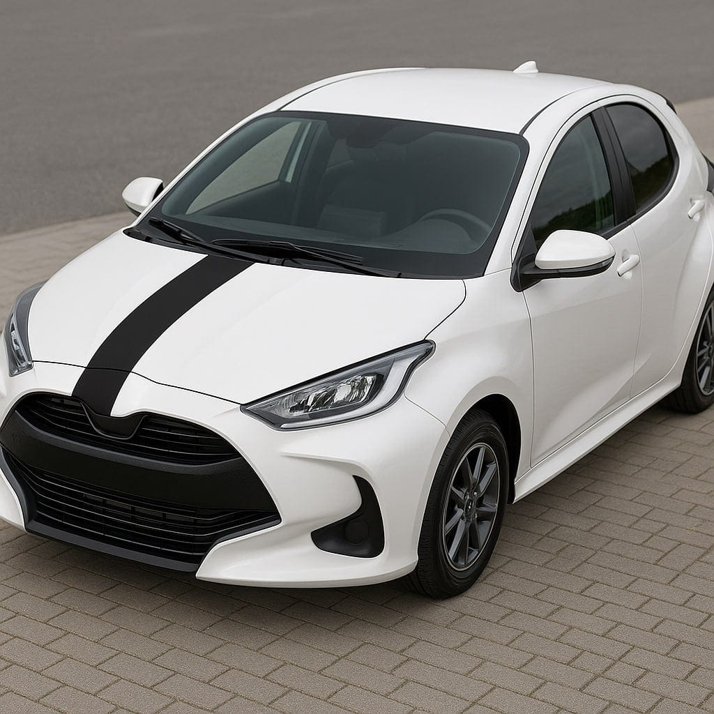 White car with black stripes on a gray background