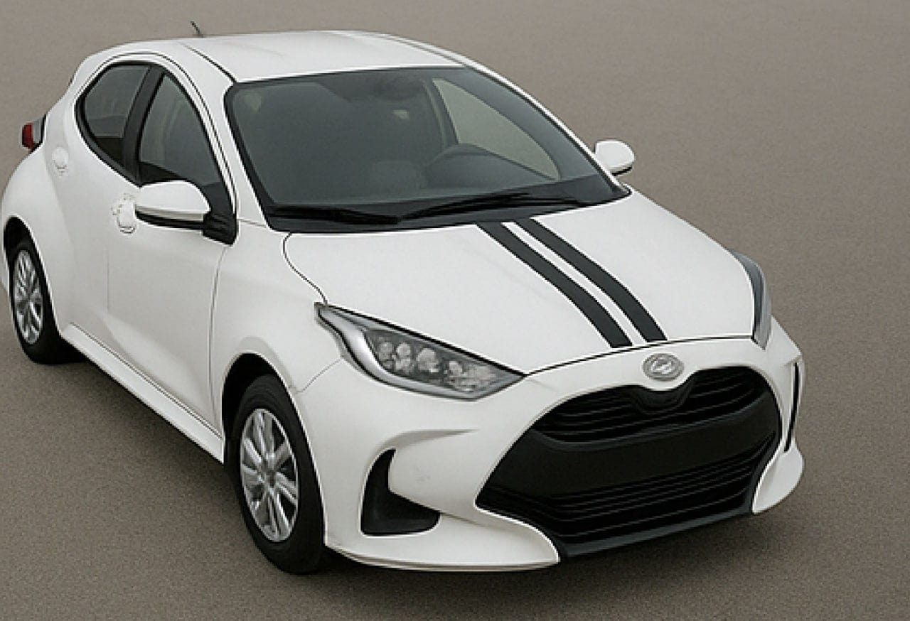 White car with black stripes on a gray background