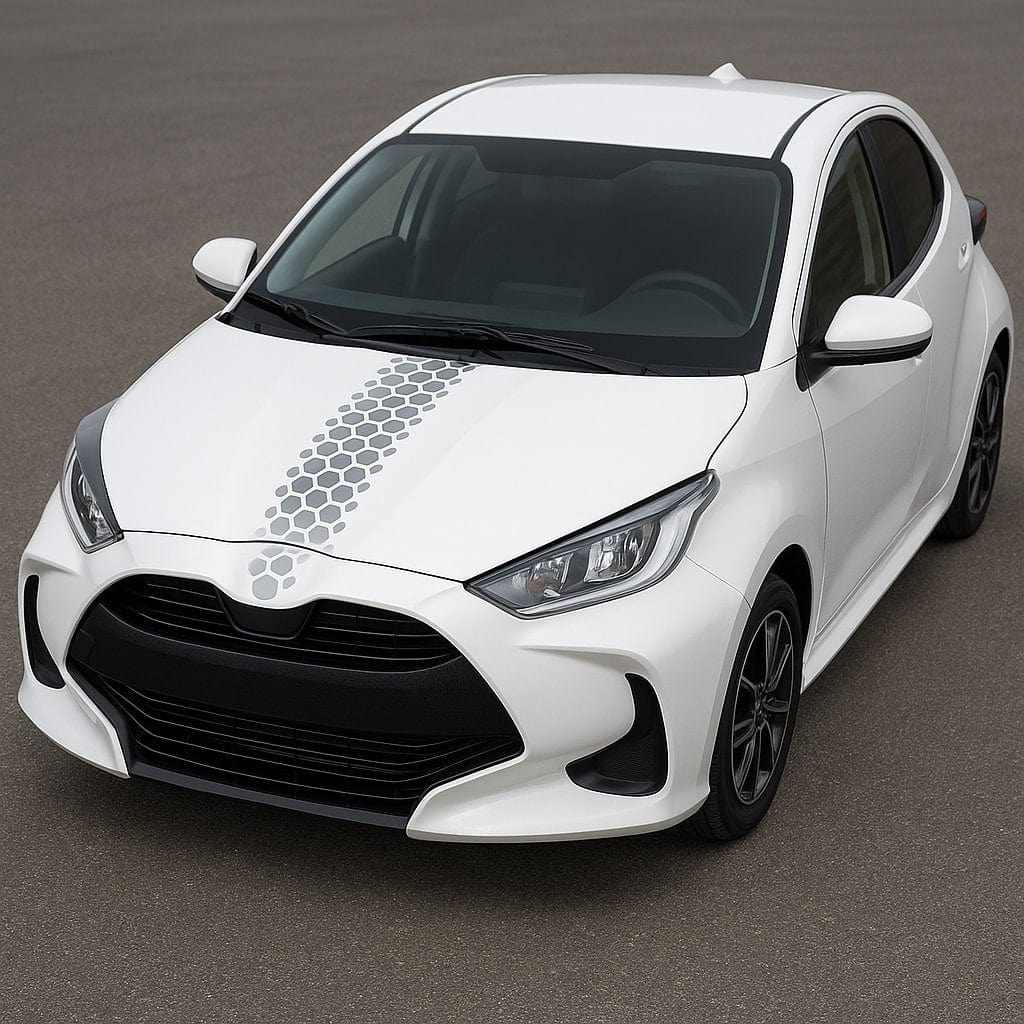 White car with a honeycomb design on the hood against a gray background