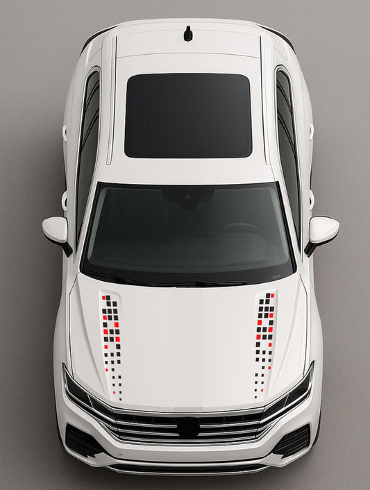 Top-down view of a white car with decorative stripes on a gray background