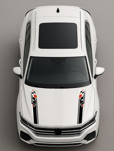 Top-down view of a white SUV with decorative stripes on a gray background