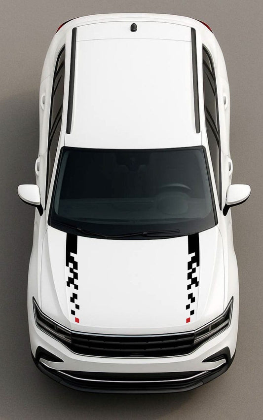 White car with black and red stripe design on a gray background