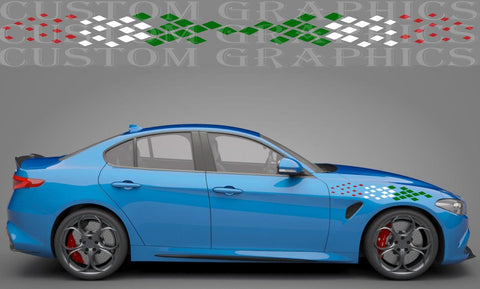 Blue car with custom graphics on a gray background