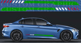 Blue car with custom graphic stripes on a dark background