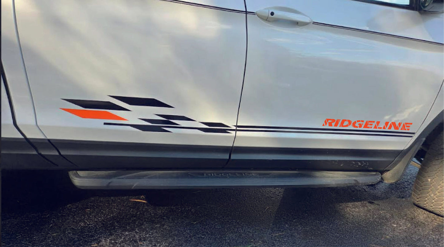 Car side with 'Ridgeline' decal on a white vehicle
