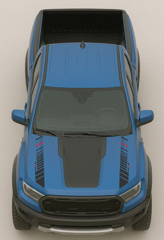 Top-down view of a blue and black truck on a light gray background