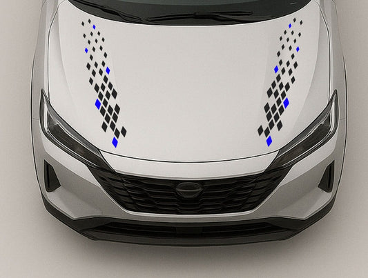 Car hood with black and blue geometric decals on a neutral background