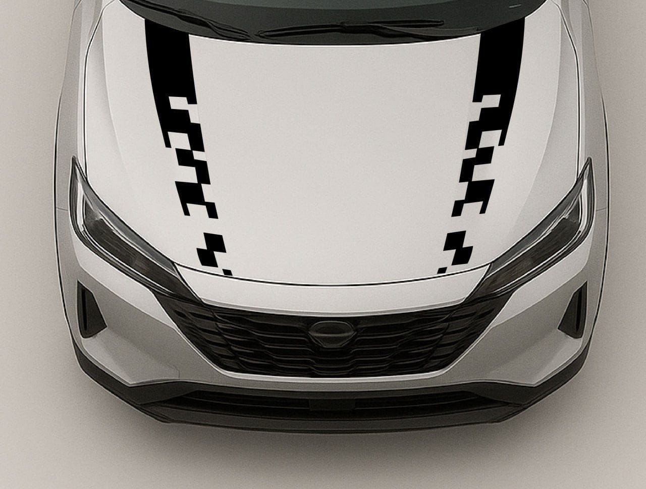 Car hood with black and white checkered stripe design on a neutral background