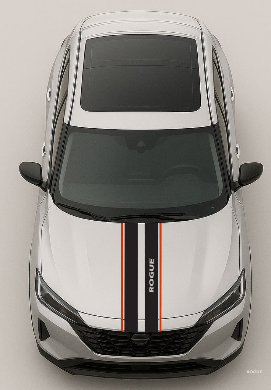 Top-down view of a white SUV with black and orange stripes on a gray background