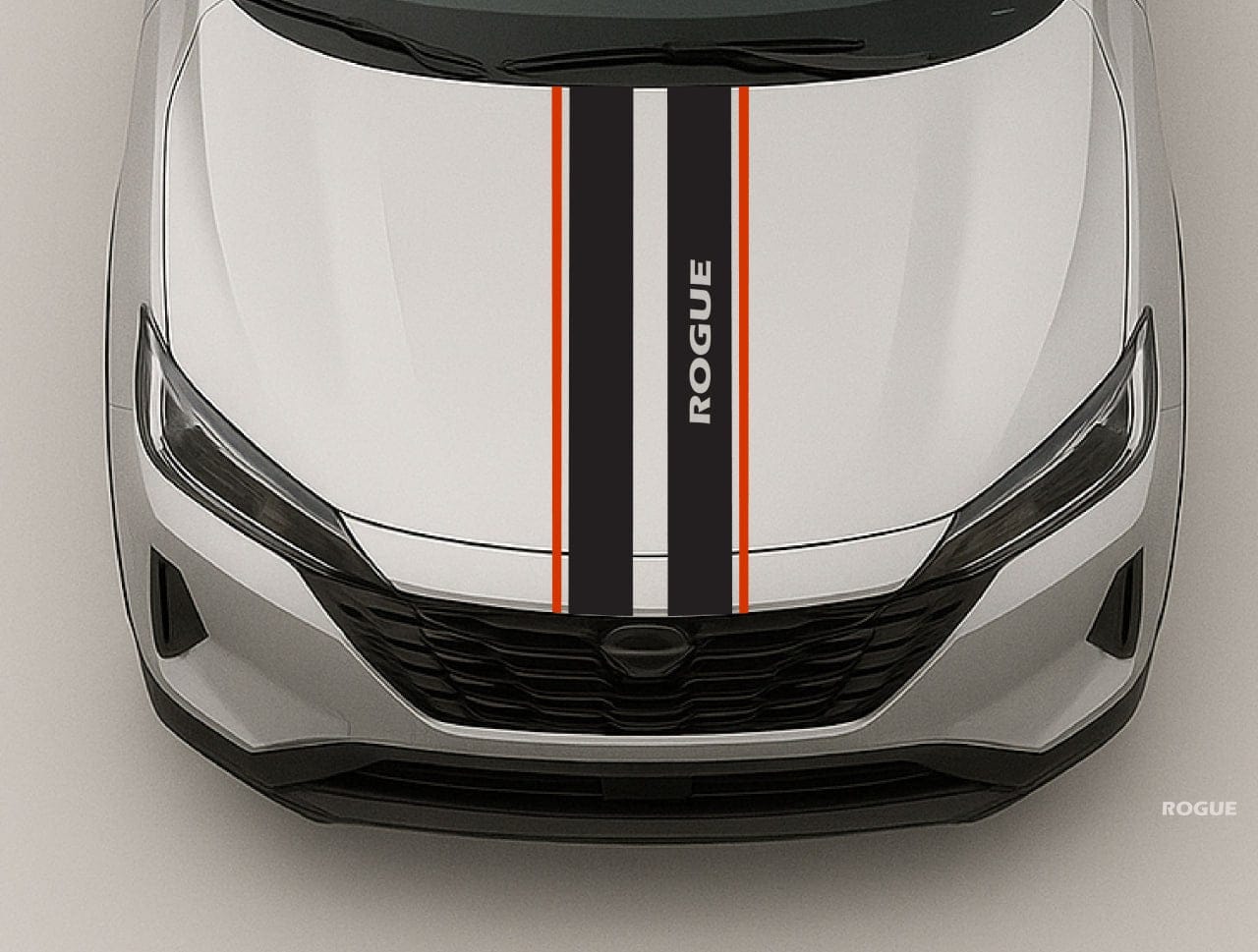 Front view of a car with 'Rogue' branding on a gray background