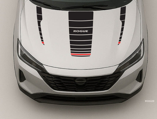 Nissan Rogue vehicle front with hood decal on a gray background