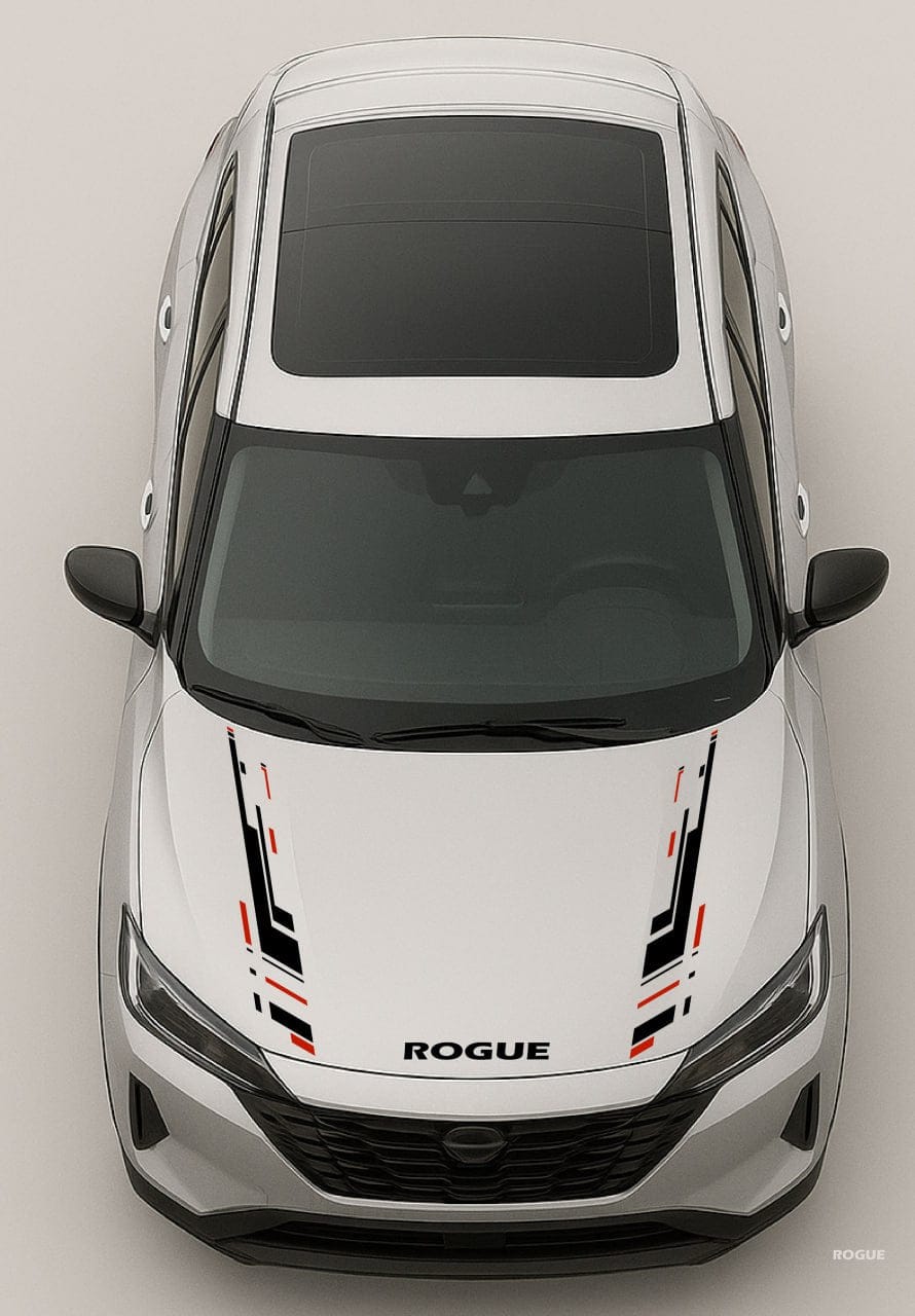 Top-down view of a white SUV with 'Rogue' branding on a gray background