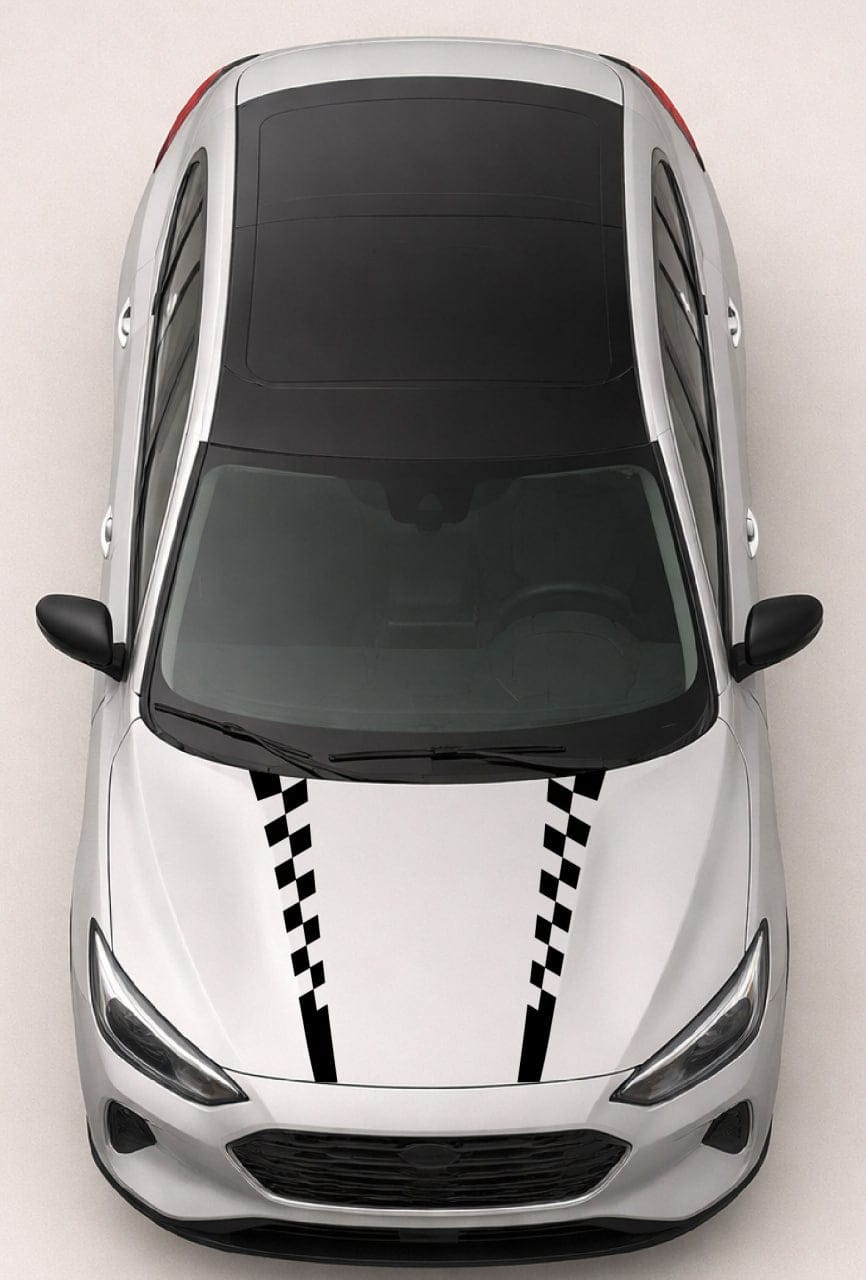 Top view of a car with checkered stripe decals on a white background