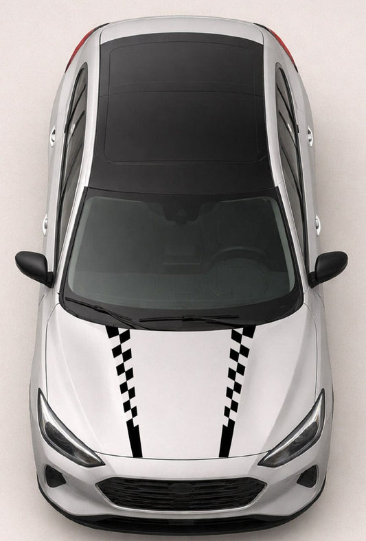 Top view of a car with checkered stripe decals on a white background