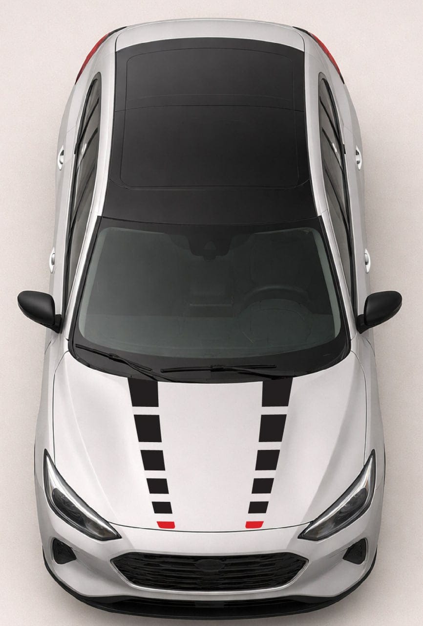 Top view of a car with black and red stripe design on a white background