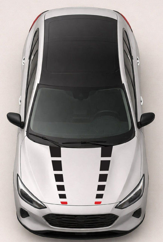 Top view of a car with black and red stripe design on a white background