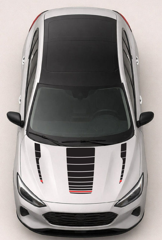 Top view of a car with black and red stripe design on a white background