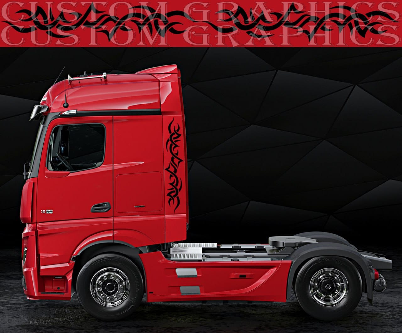 Red truck with custom graphics on a black background