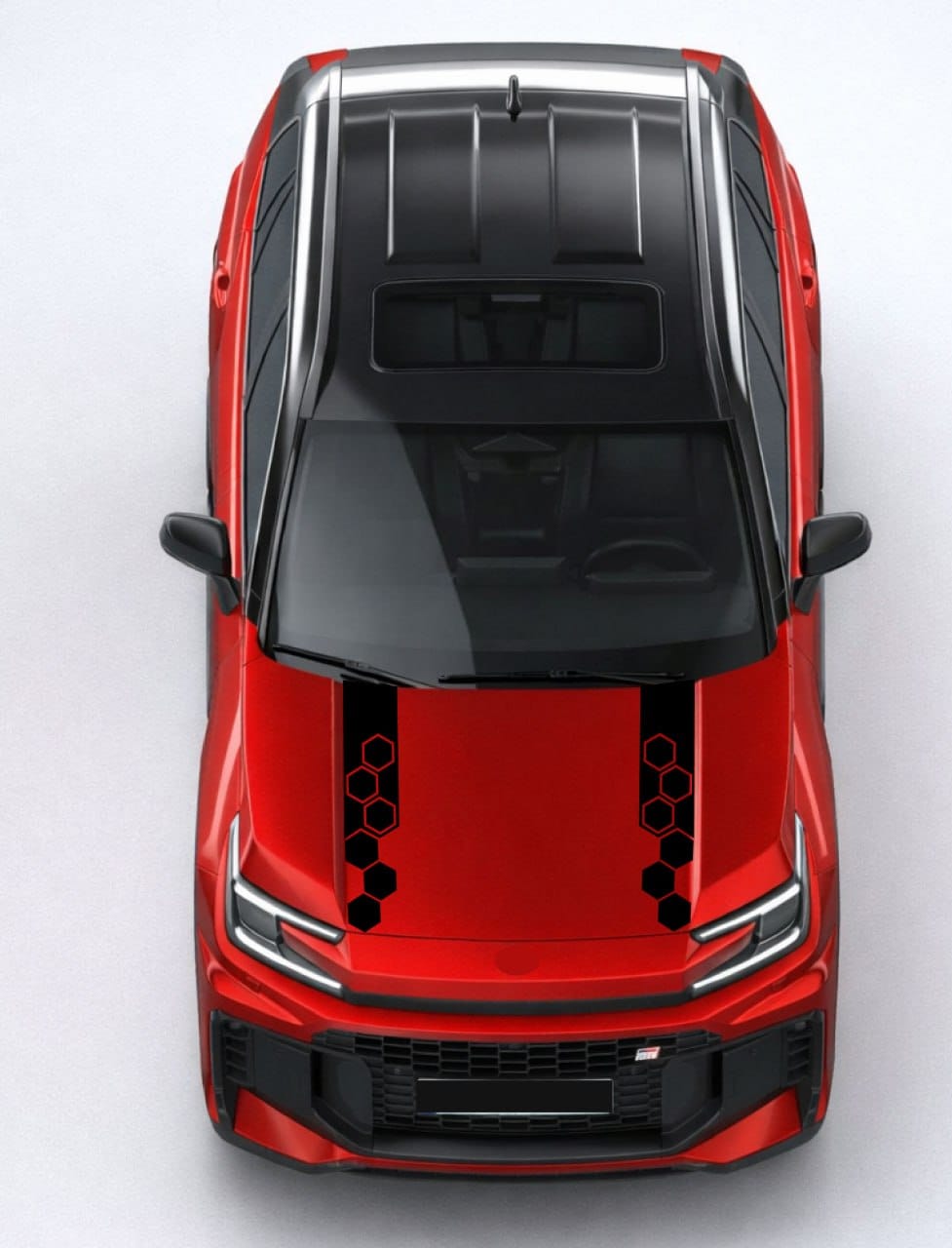 Top-down view of a red car with black accents on a white background with stickers