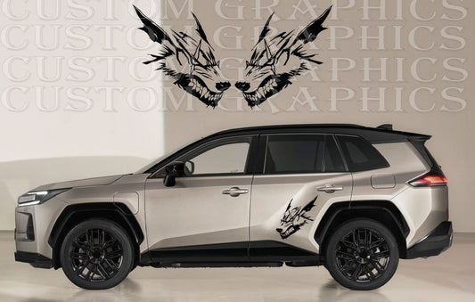 Silver SUV with custom dragon WOLF graphics on a plain background