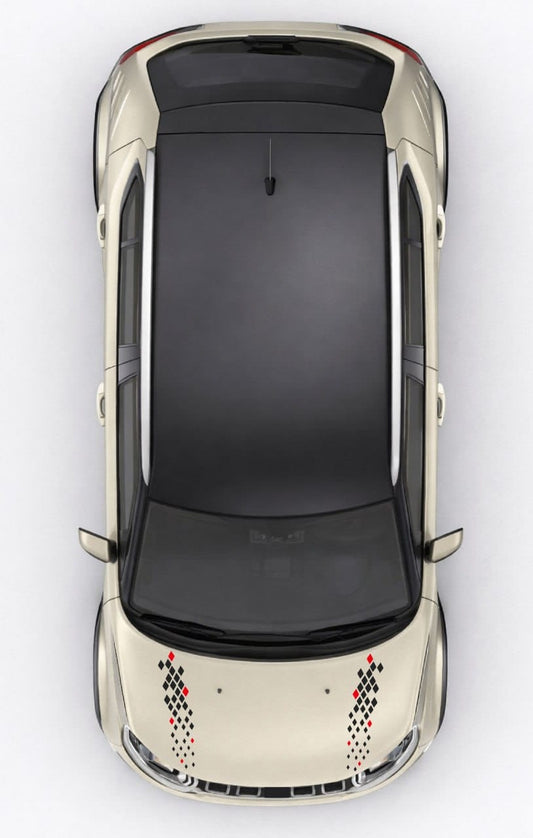 Top-down view of a car with a black roof and white body on a white background