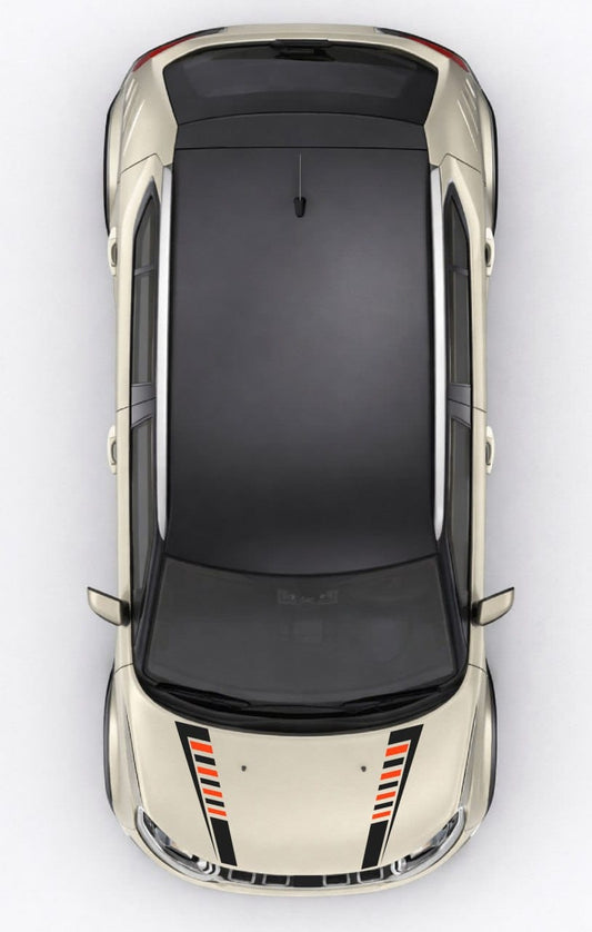 Top-down view of a car with a black roof and white body on a white background