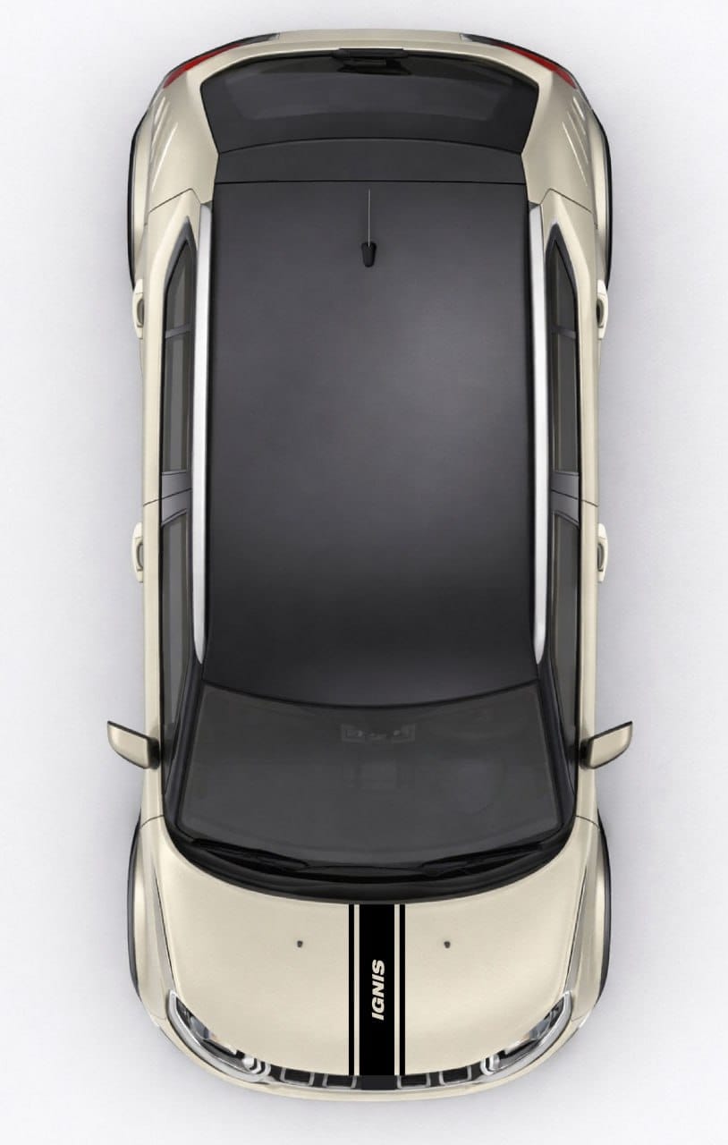 Top-down view of a car with a black roof and white body on a white background
