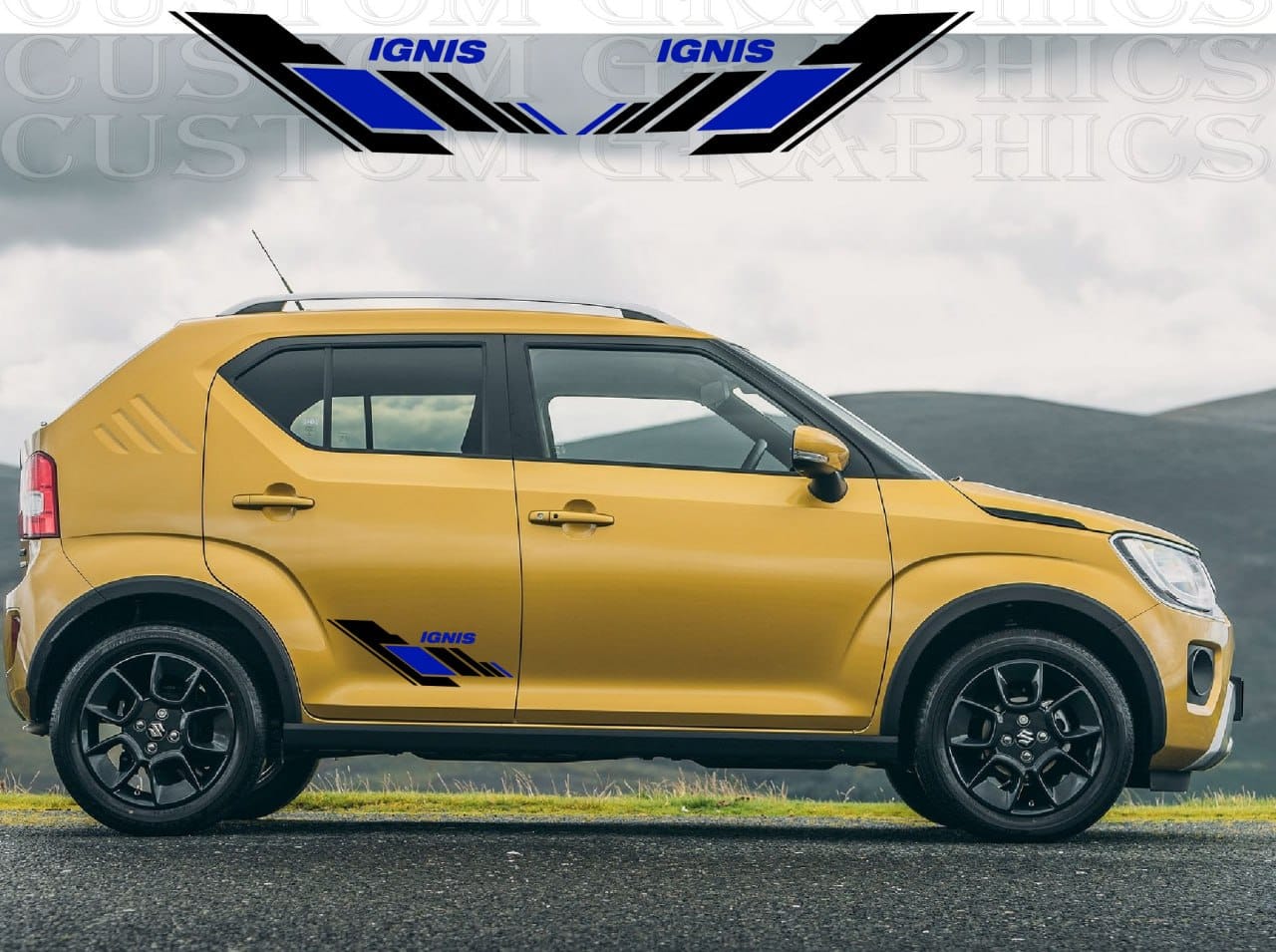 Yellow car with 'IGNIS' branding on a road with a mountainous background