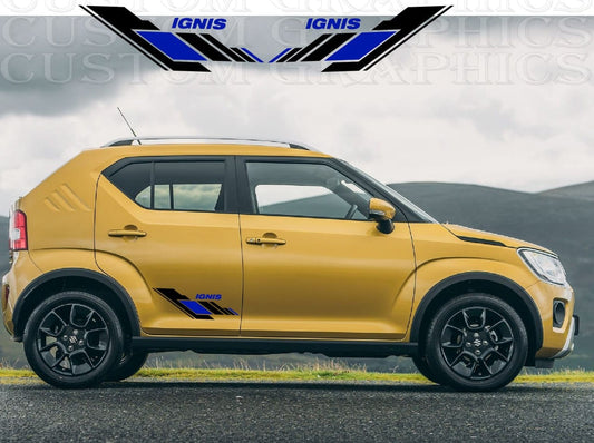 Yellow car with 'IGNIS' branding on a road with a mountainous background
