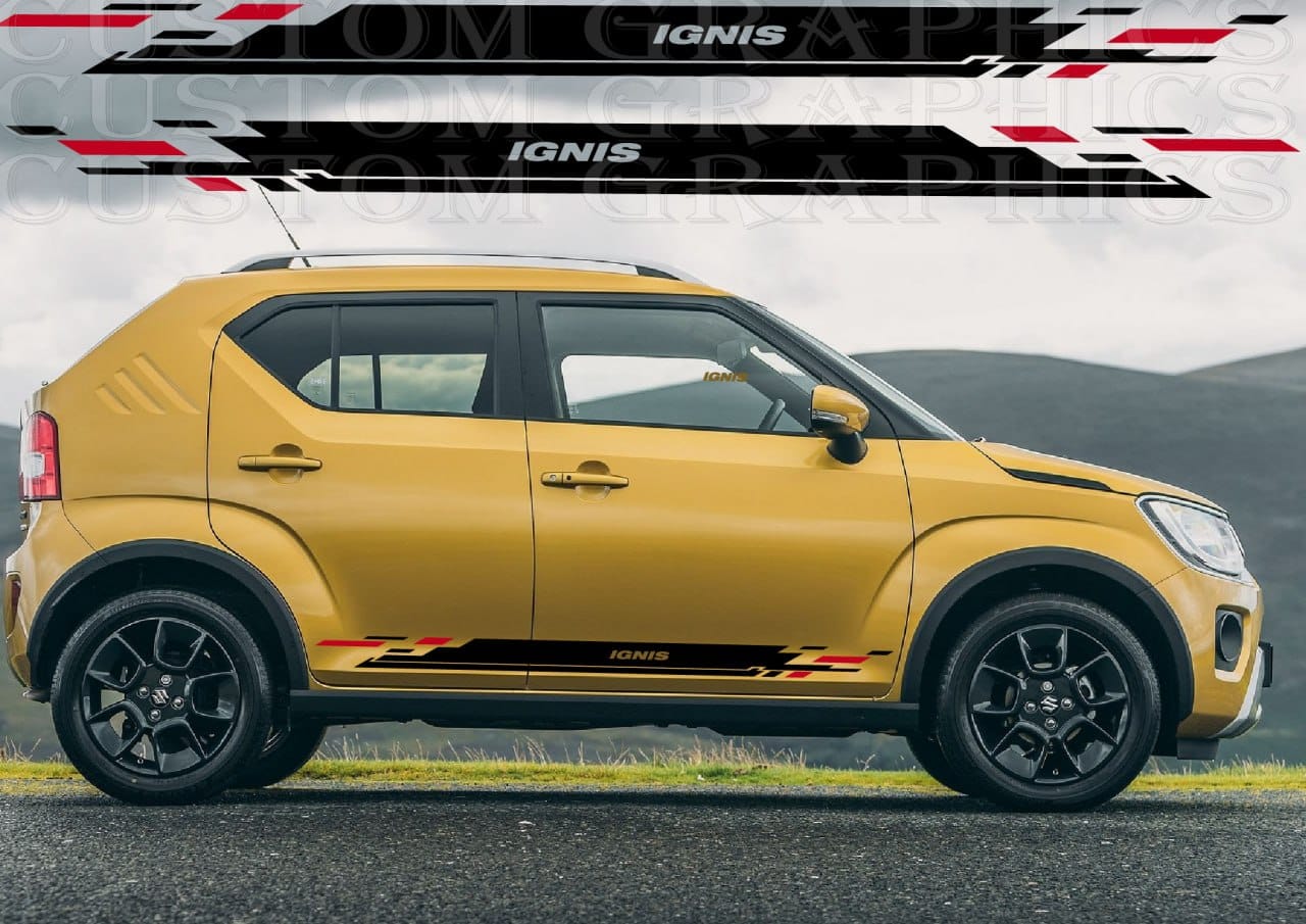 Yellow car with 'IGNIS' style and graphics on a road