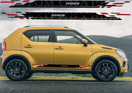 Yellow car with 'IGNIS' style and graphics on a road