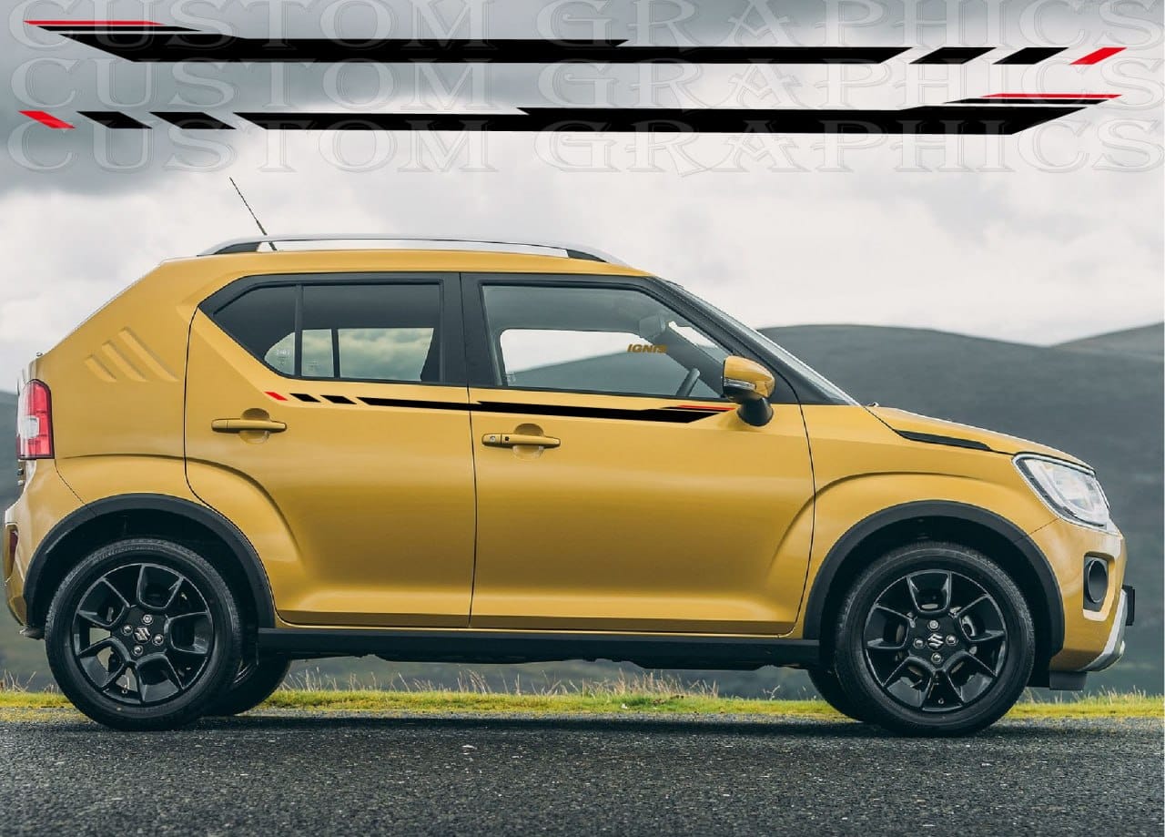 Yellow SUV with black wheels on a road, featuring 'Custom Stripes' branding.
