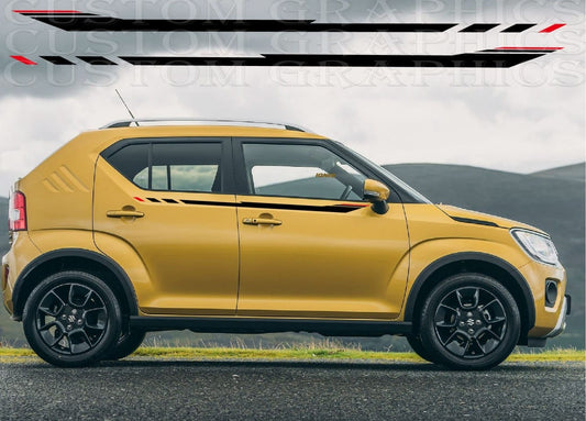 Yellow SUV with black wheels on a road, featuring 'Custom Stripes' branding.